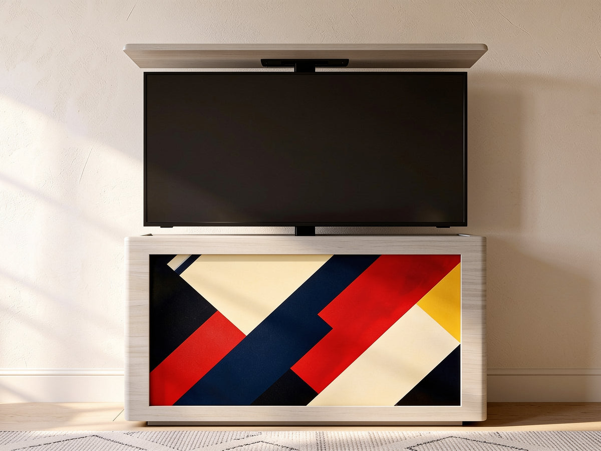 Ovation 55 in White Frozen Wood with the Primary Diagonals artwork, television raised