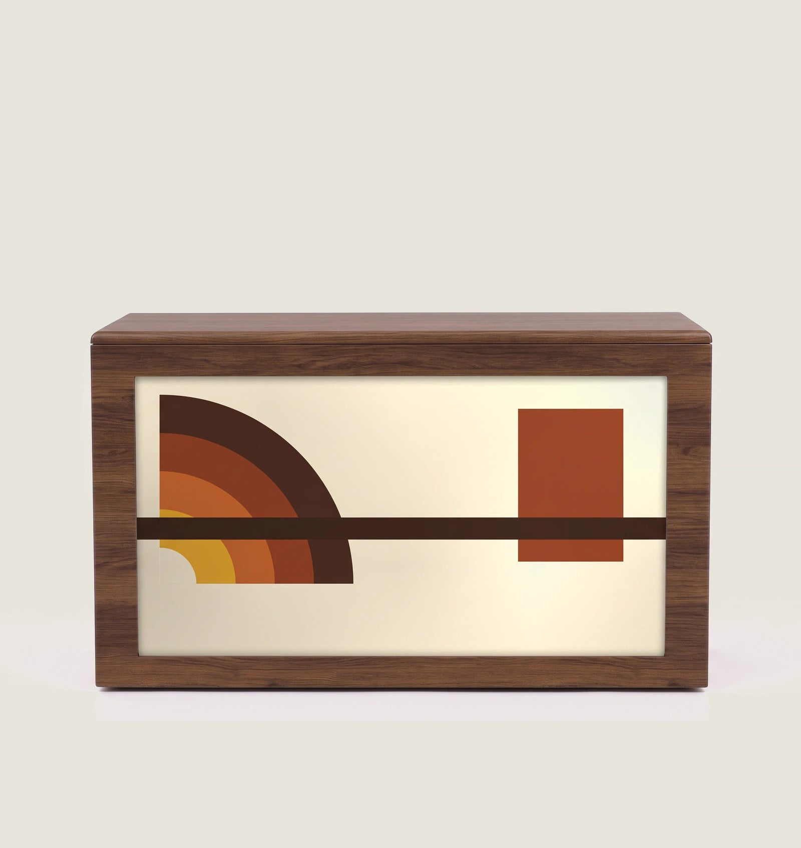 Closed: Ovation in walnut with the Fan Quadrants artwork