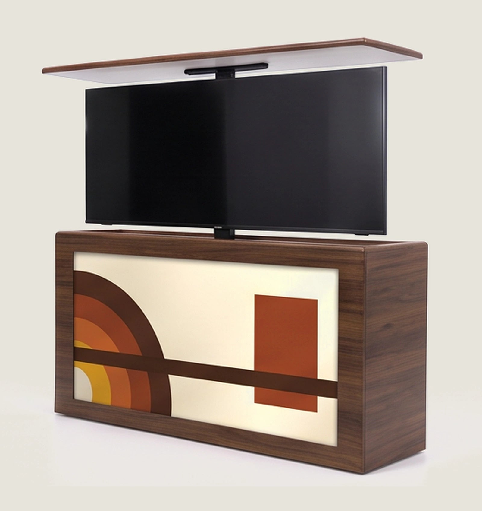 Side view: the lift column with the lid riding above the screen