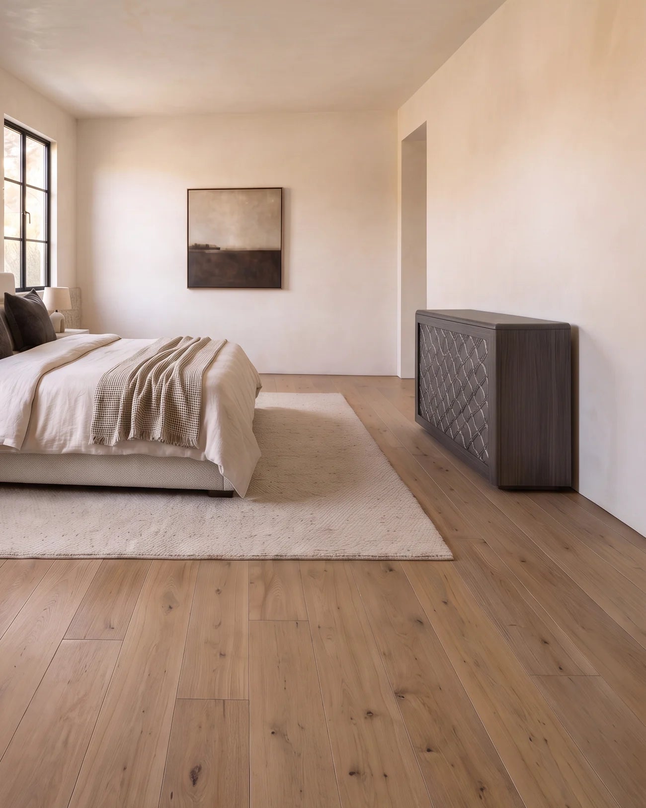 Ovation in Carbon Frozen Wood with the Paste Paper artwork in a bedroom