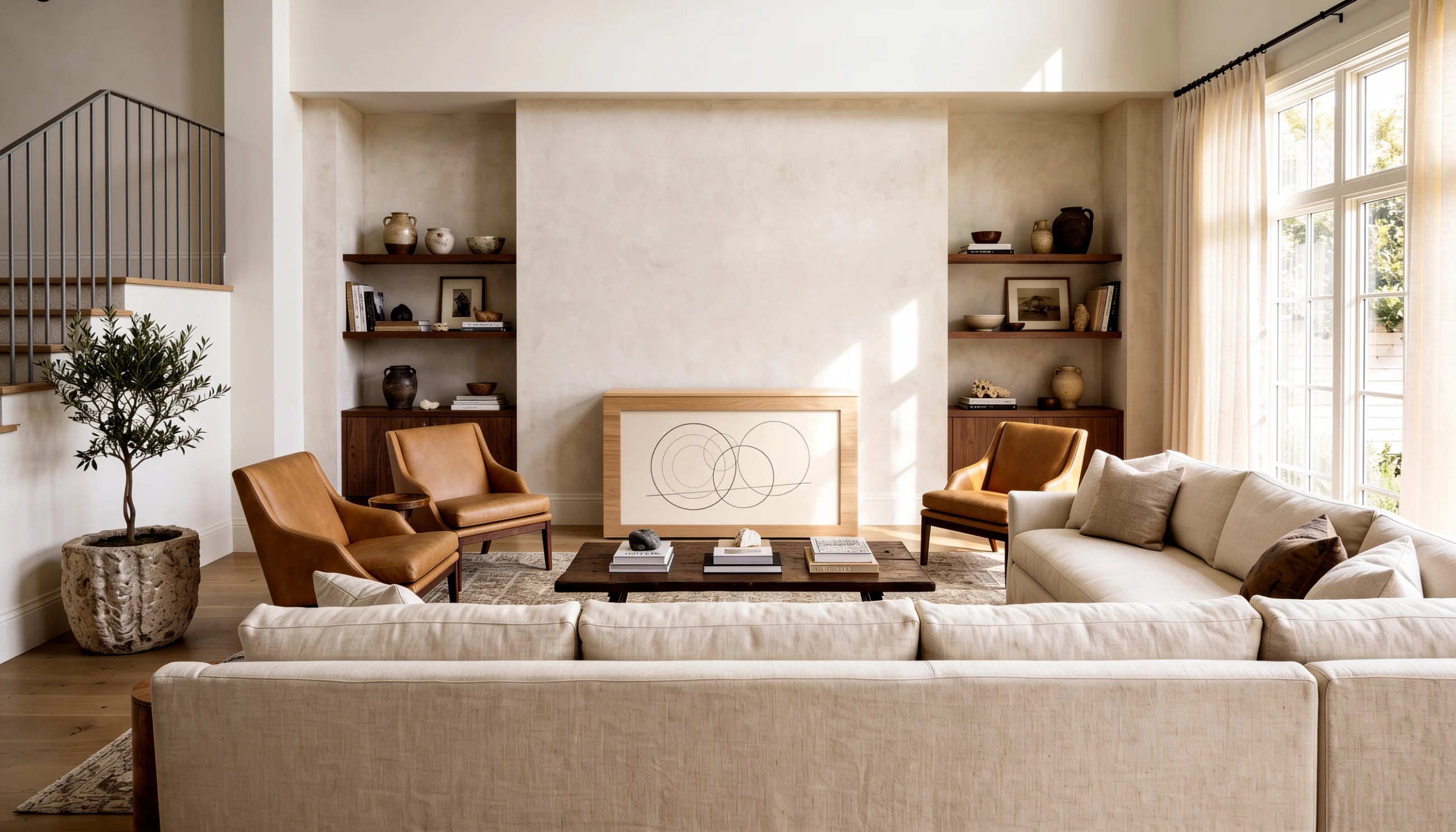 Ovation in Honey Walnut with the Line Circles artwork in a living room