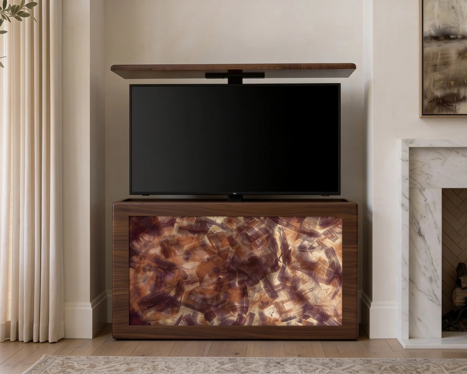 Ovation in Brown Warmia Walnut with the Oxblood Field artwork, television raised beside a fireplace