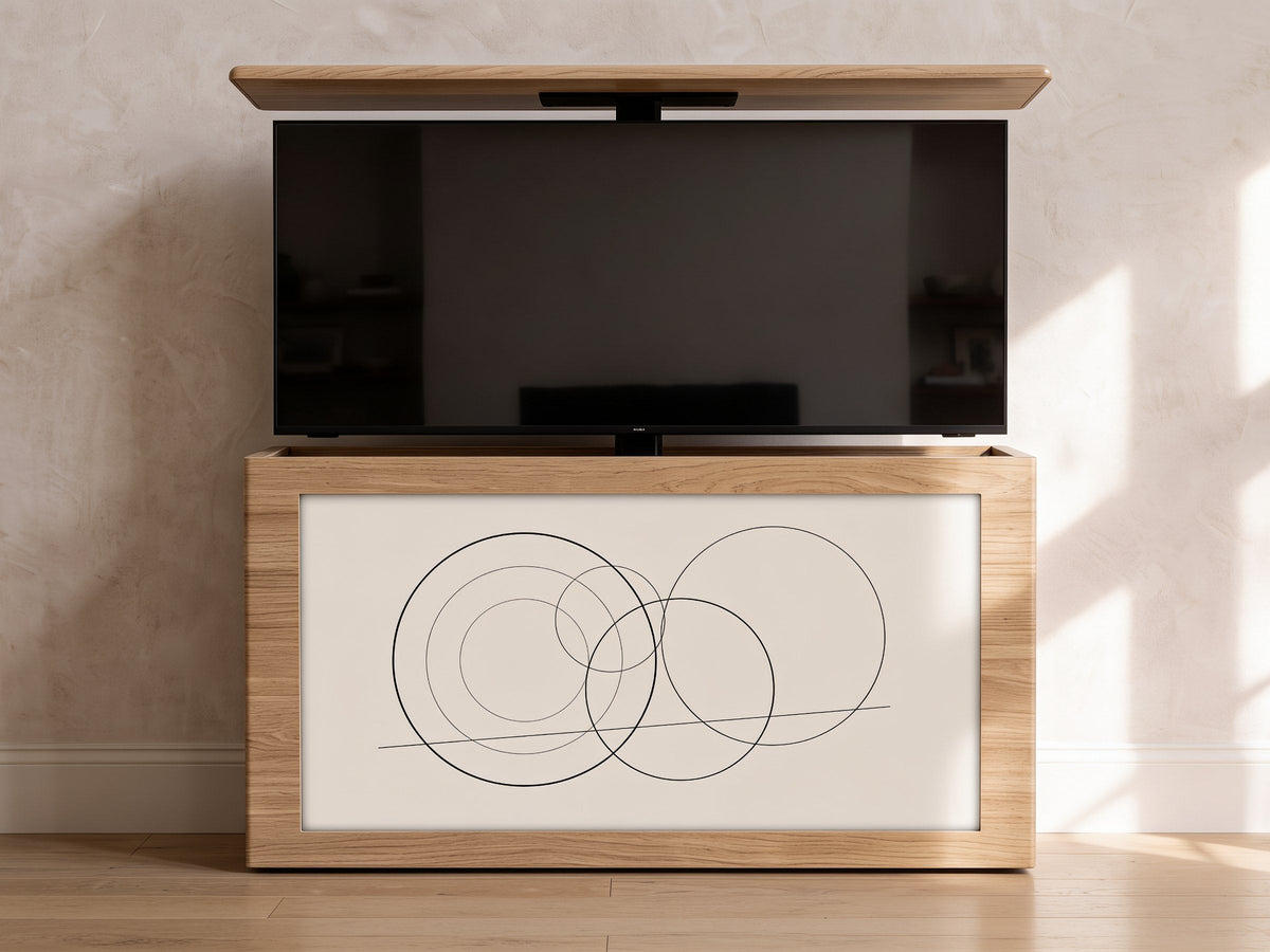 Ovation 65 in Honey Walnut with the Line Circles artwork, television raised