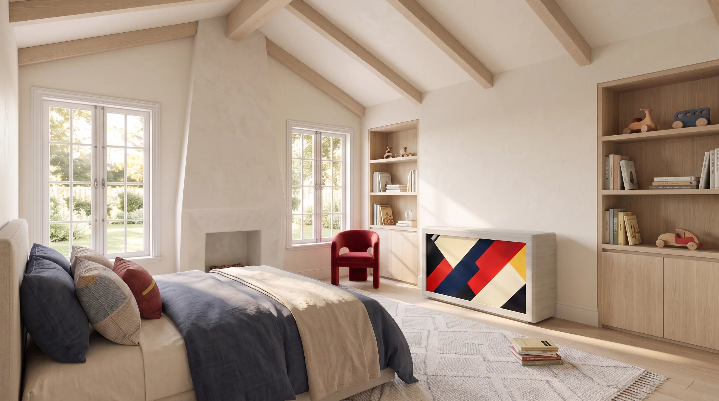 Ovation in White Frozen Wood with the Primary Diagonals artwork in a bedroom