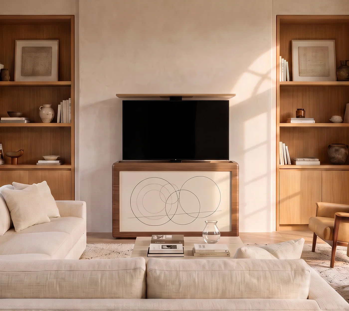 Ovation in Honey Walnut with the Line Circles artwork, television raised, in a sunlit living room