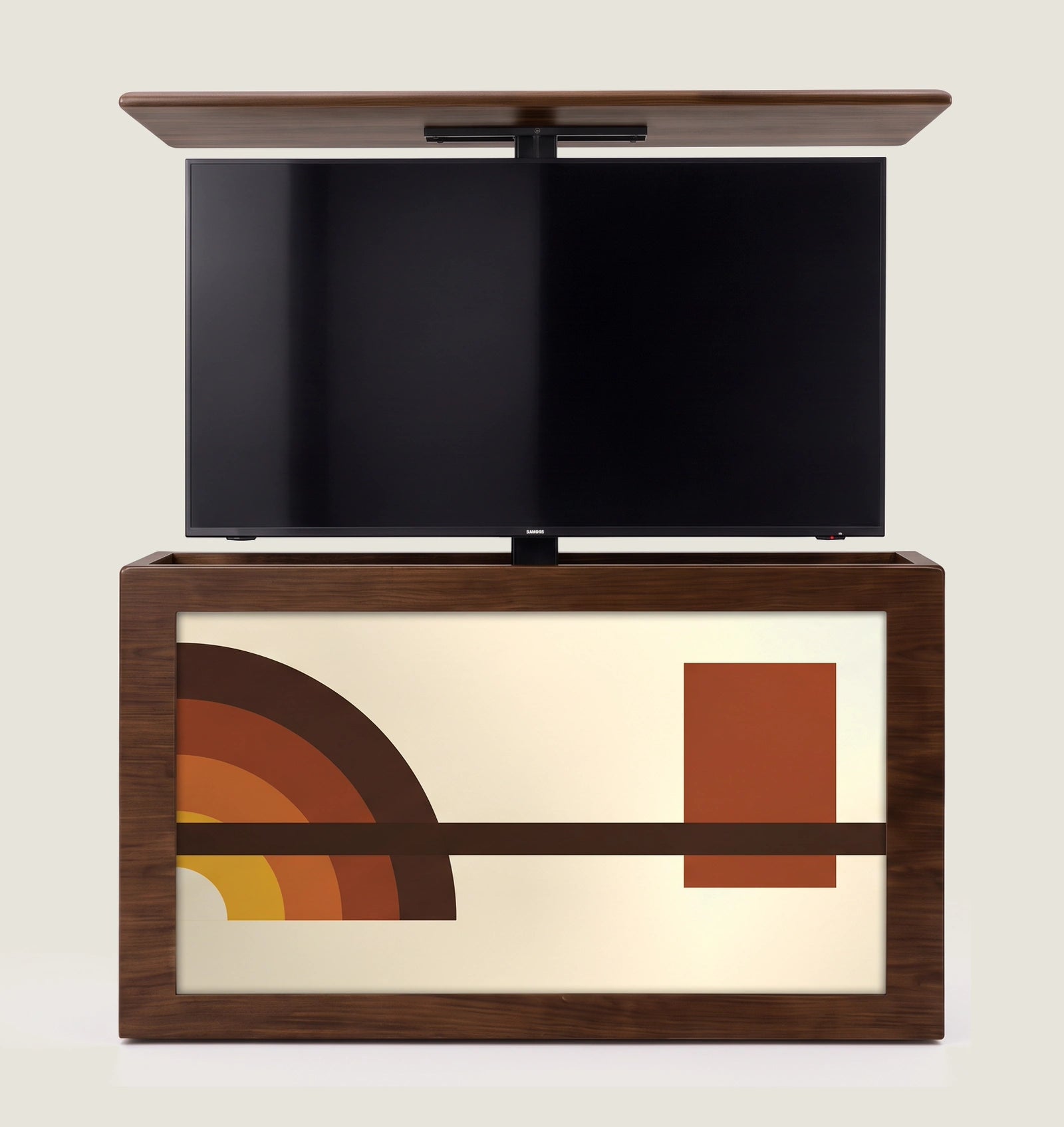 Open: the television raised to viewing height, the lid carried above it