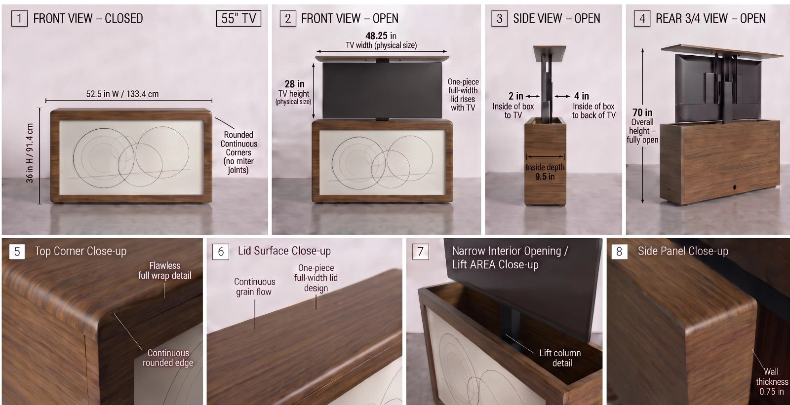 Ovation 55 dimension drawing: front closed, front open, side and rear views with measurements