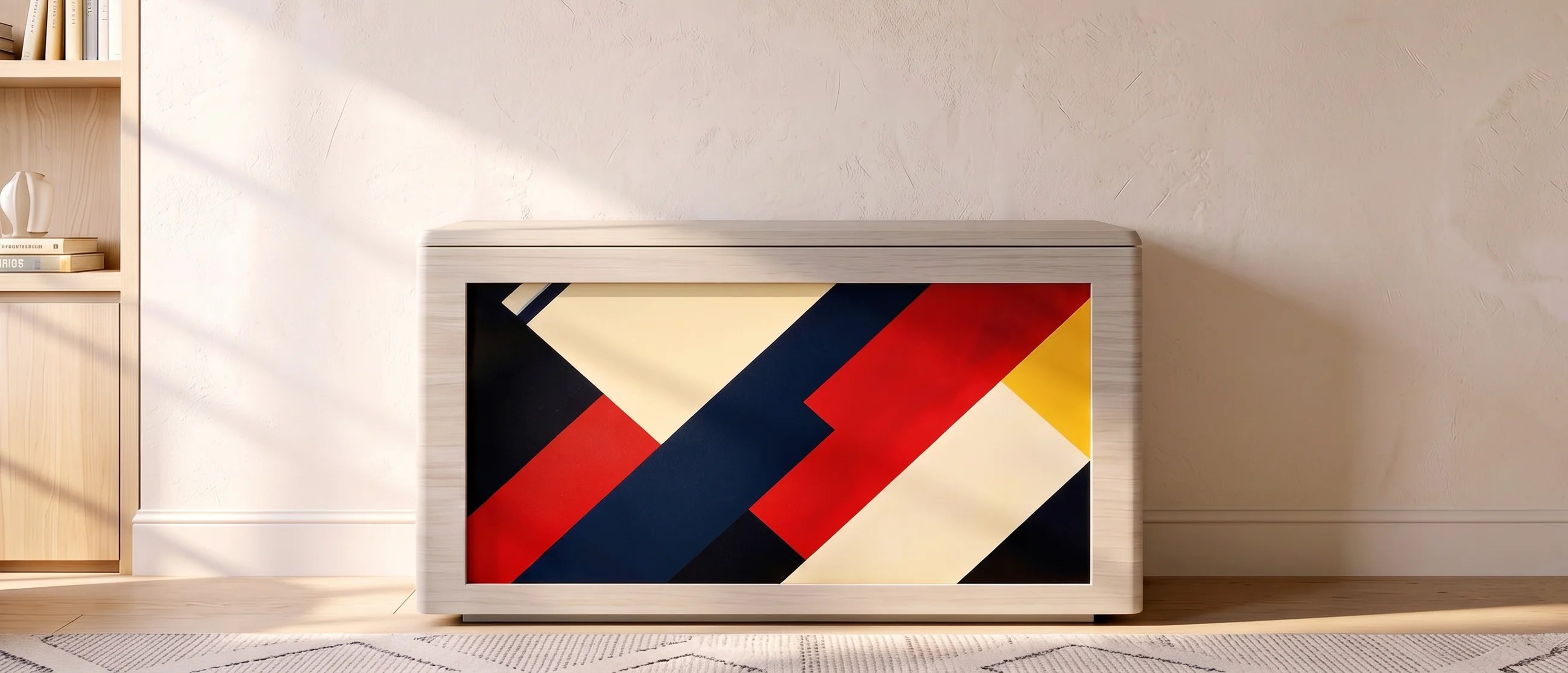Ovation in White Frozen Wood with the Primary Diagonals artwork beside an oak shelf