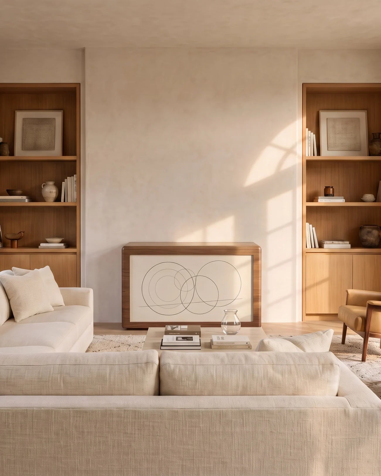 Ovation in Honey Walnut with the Line Circles artwork between oak shelves