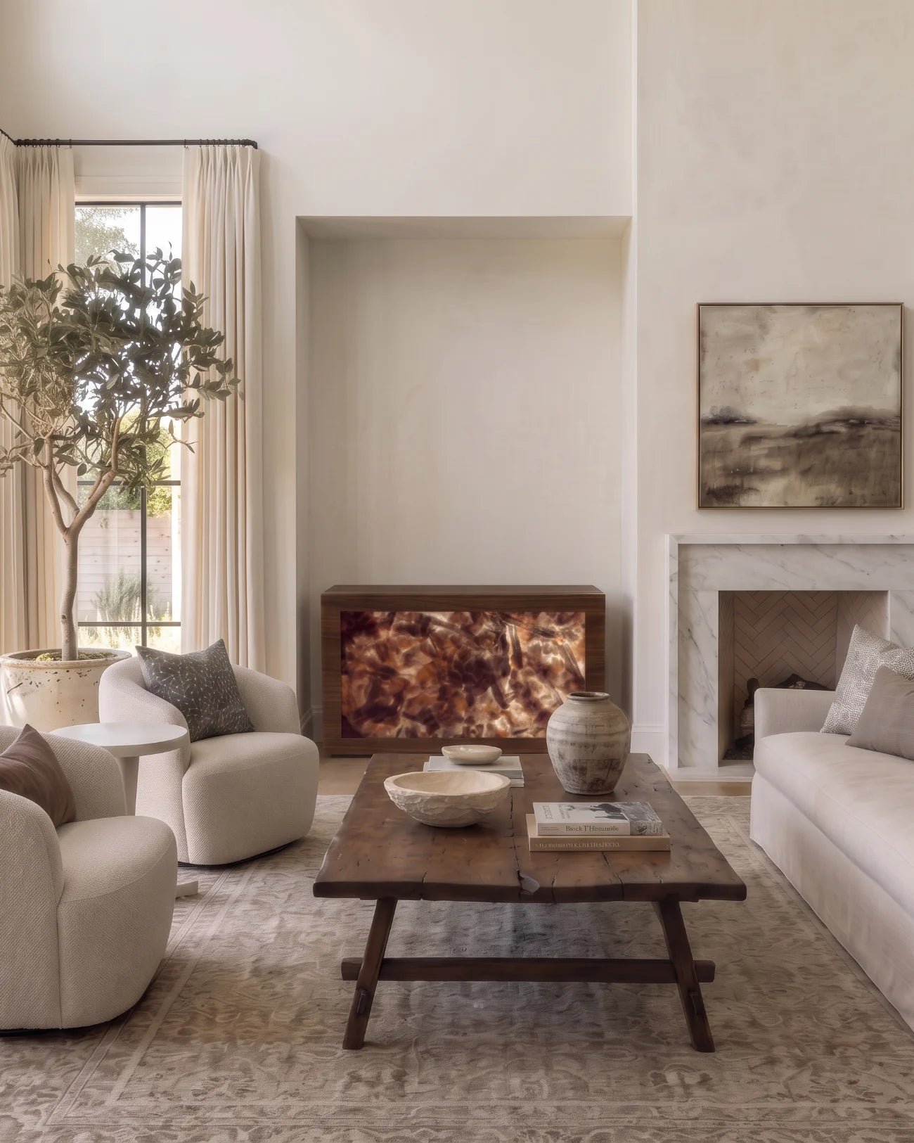 Ovation in Brown Warmia Walnut with the Oxblood Field artwork in a living room